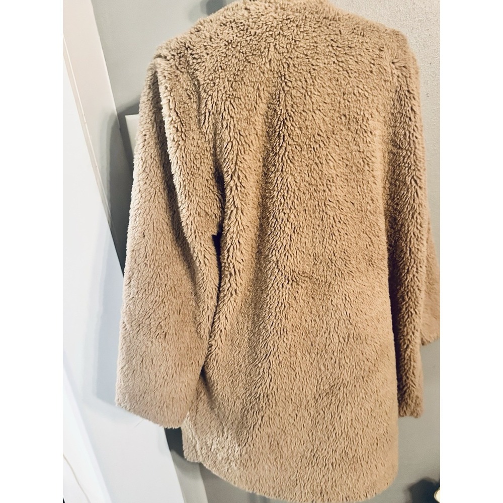 Democracy Womens Tan Beige Faux Fur Teddy Coat Open Front Jacket Medium M - Picture 2 of 4